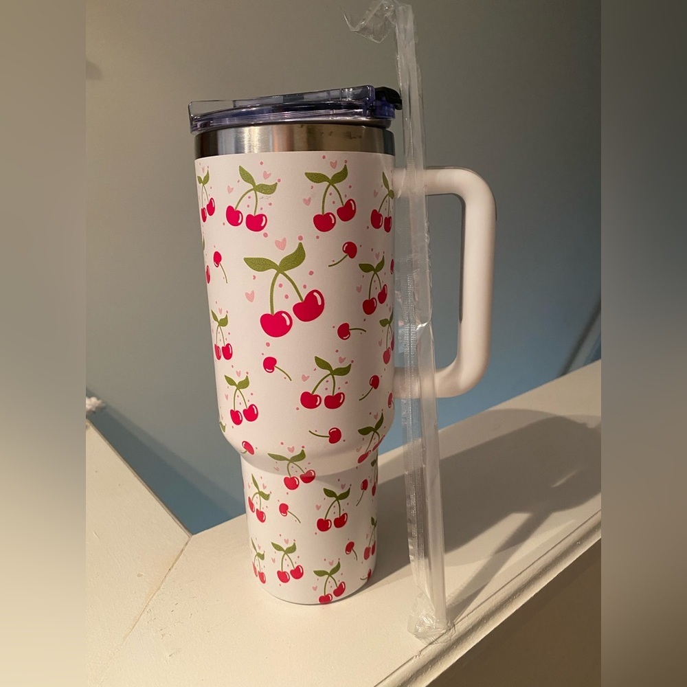 Cherry Patterned Travel Mug New in Box with straw